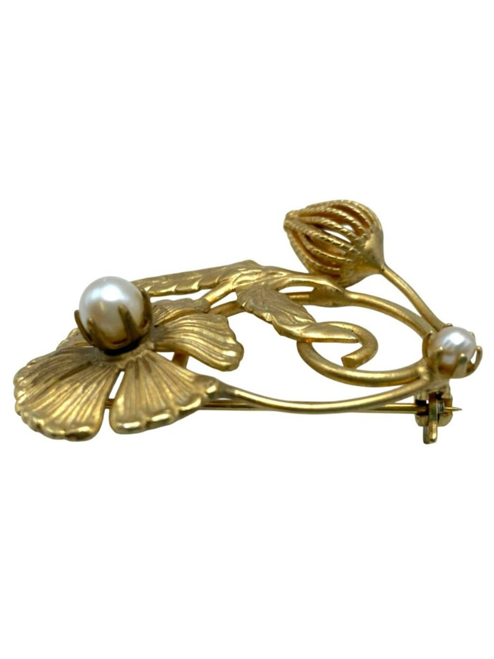 Flower Floral Brooch Faux Pearl Accents Mid Century Modern MCM Gold Tone Brass - Picture 4 of 8